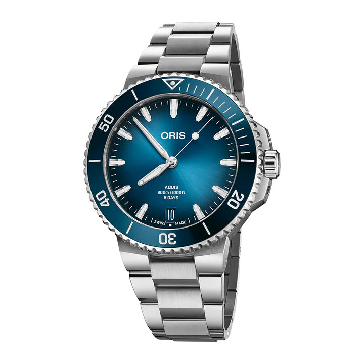reloj oris aquis date 43.5 mm esfera azul acero automático