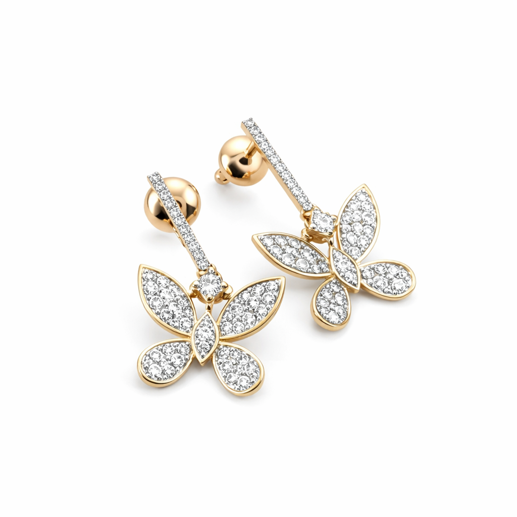 Aretes mariposa oro 14k tipo drop con diamantes