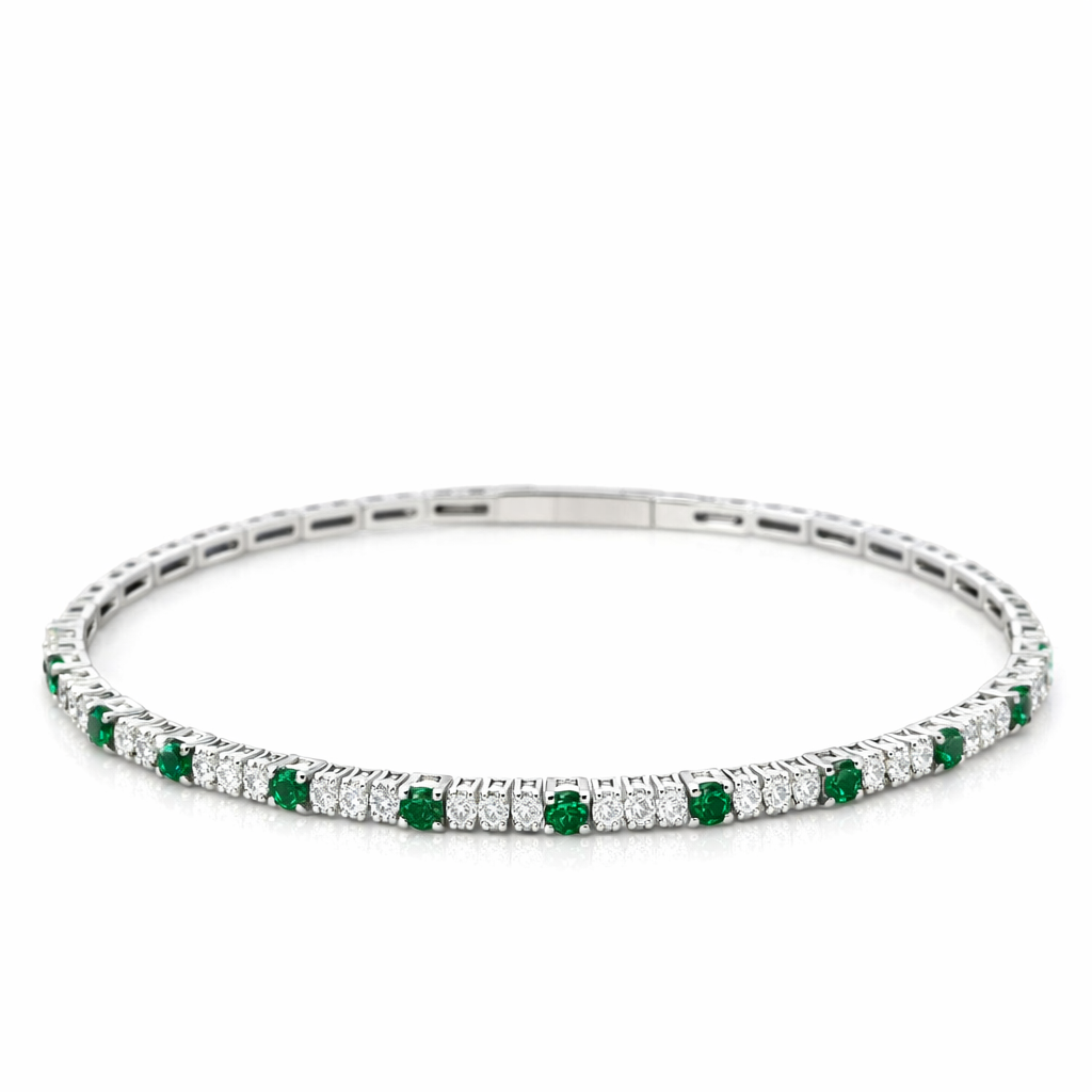 Pulsera oro blanco 14K de diamante y esmeralda