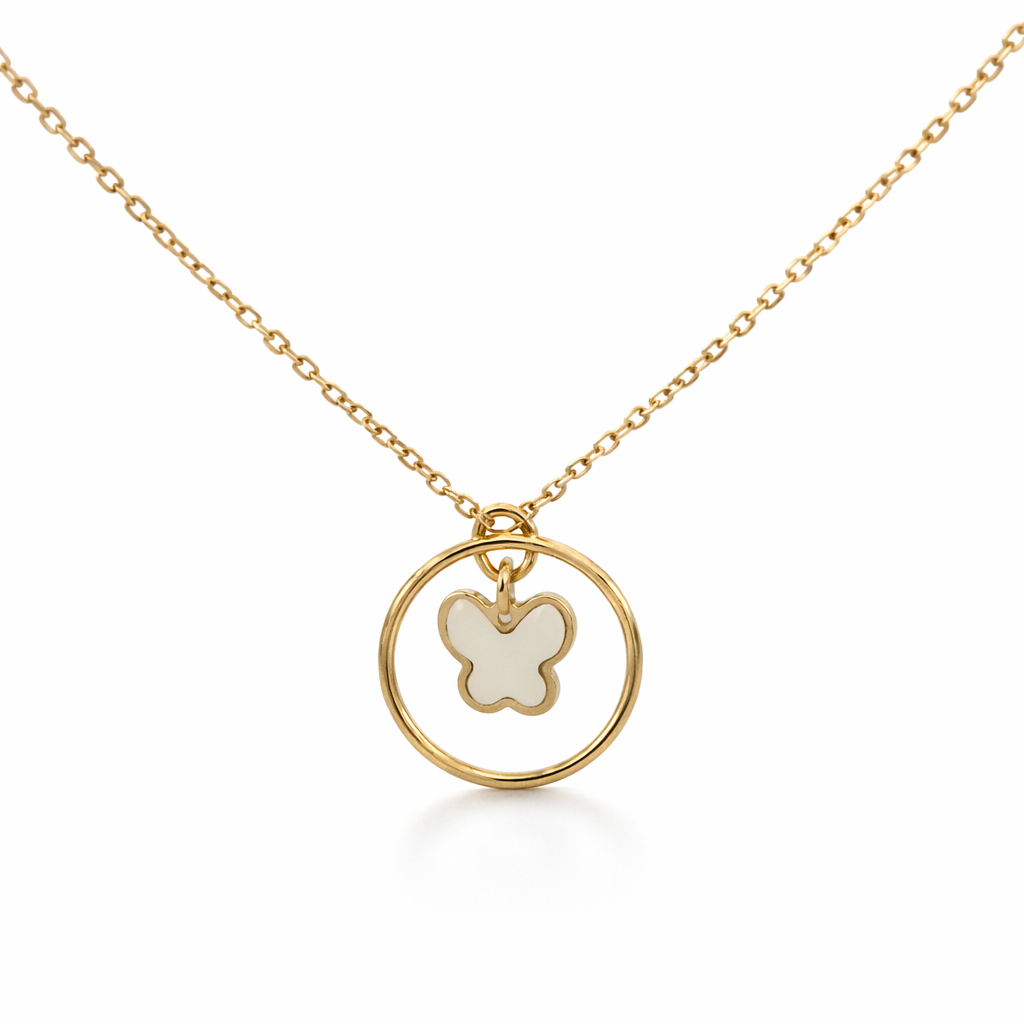 Dije Mariposa Madreperla con cadena de oro 14k