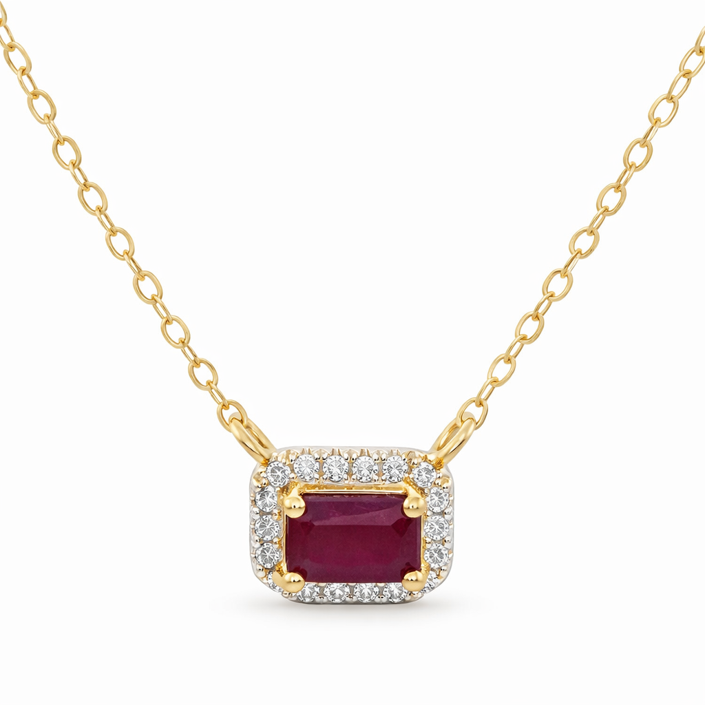 Dije oro 14K con rubí corte esmeralda y halo de diamantes