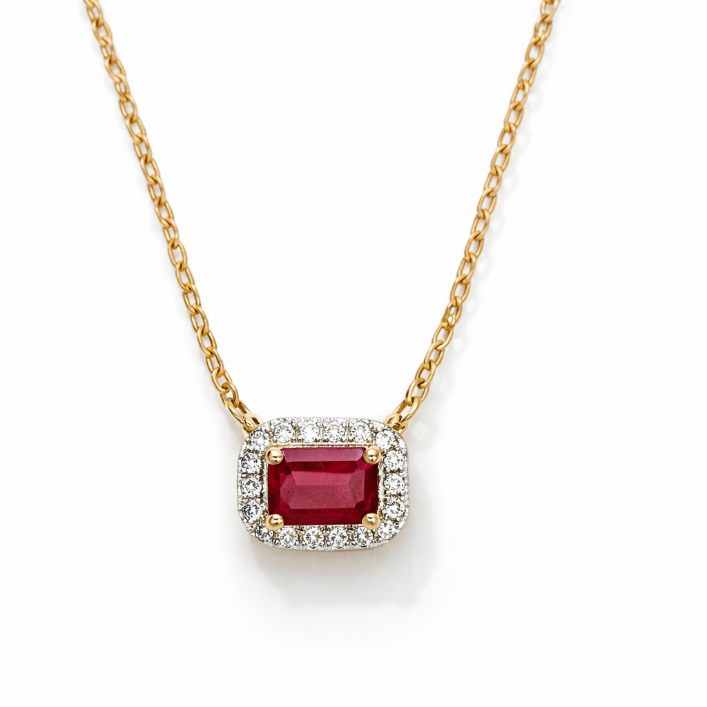 Dije con Cadena Oro 14K con Rubí Corte Esmeralda y Diamantes