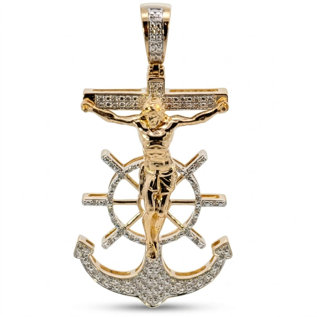 Dije cruz con Cristo en oro amarillo 14K con diamantes y diseño detallado elegante