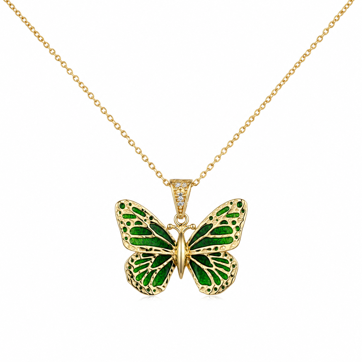 Dije de mariposa con cadena de oro amarillo de 14K, esmalte verde