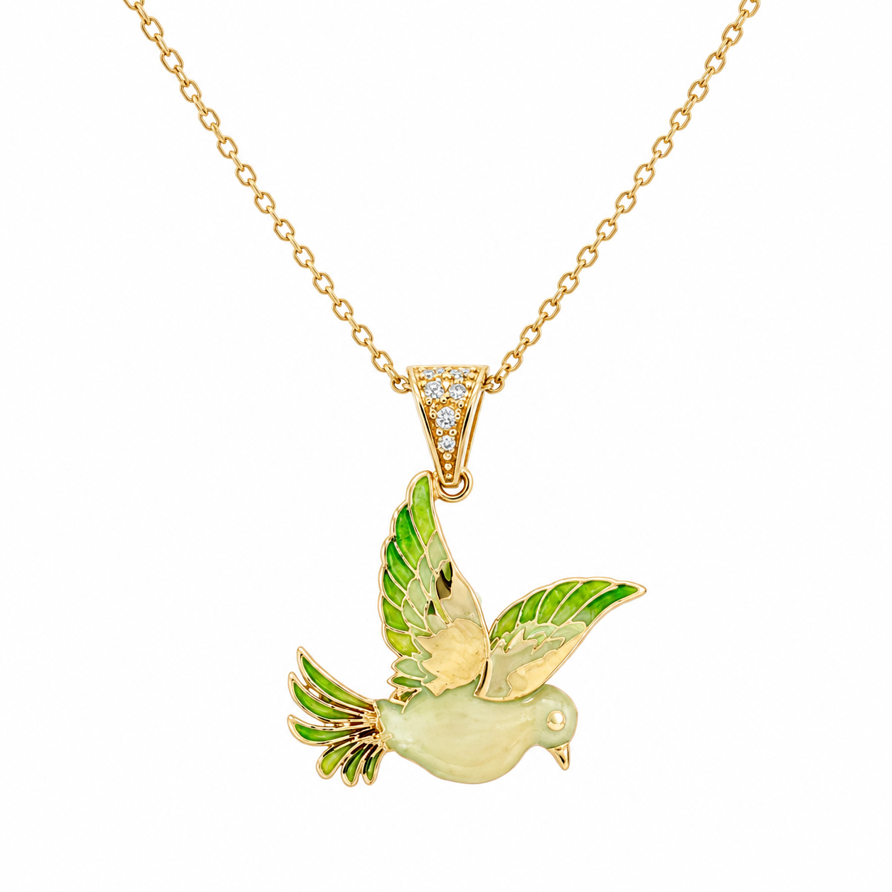 Dije de paloma con cadena de oro amarillo de 14K