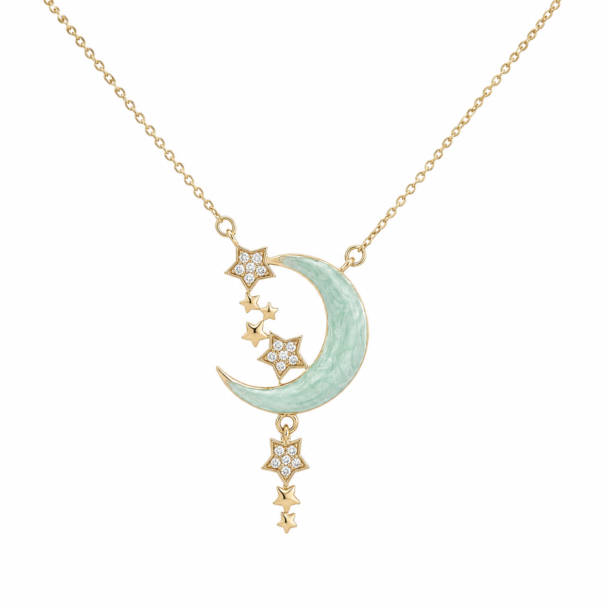 Dije de luna y estrellas con cadena de oro amarillo de 14K