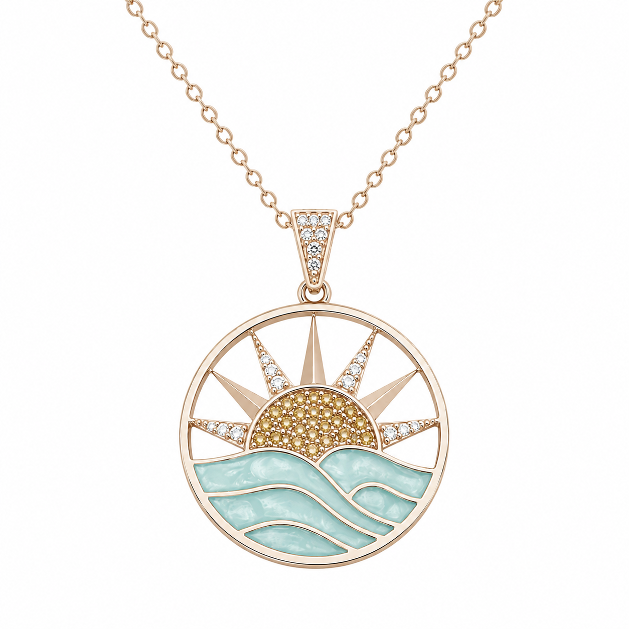 Dije amanecer con cadena de oro amarillo de 14K