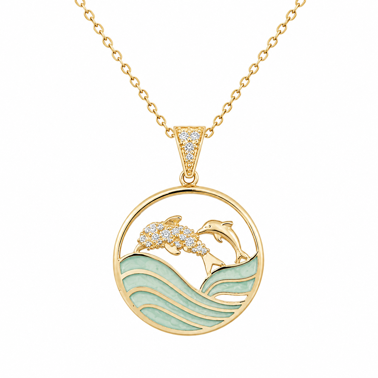 Dije de delfines con cadena de oro amarillo de 14K