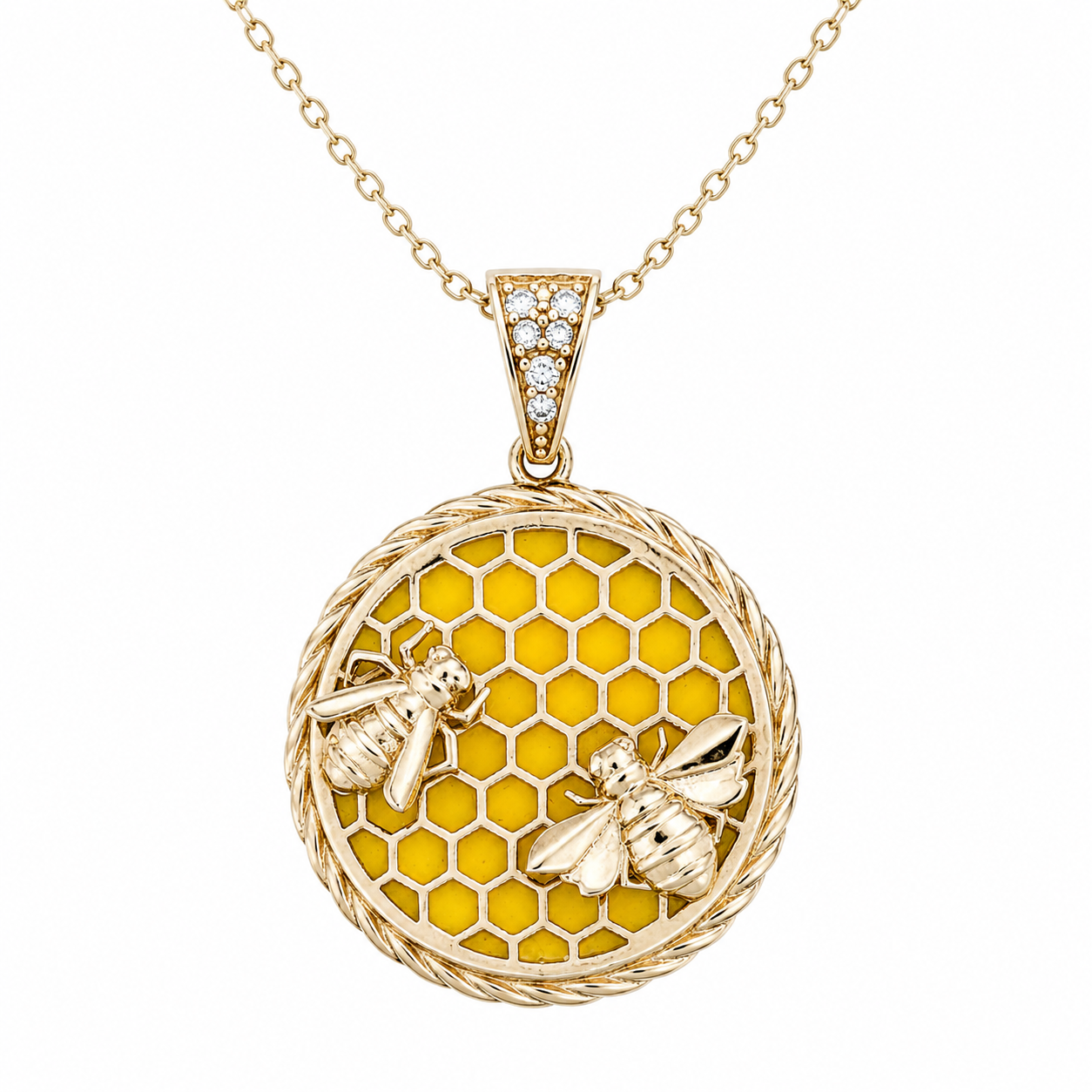 Dije Panal con Abejas y Cadena de Oro 14K