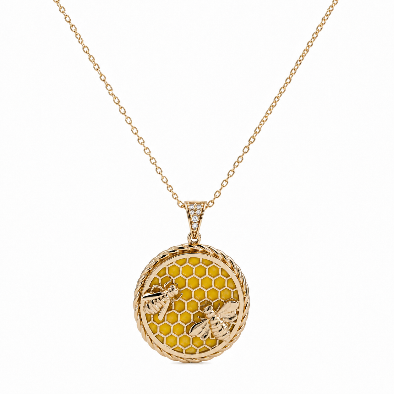Dije panal con abejas en oro amarillo de 14K con esmalte amarillo