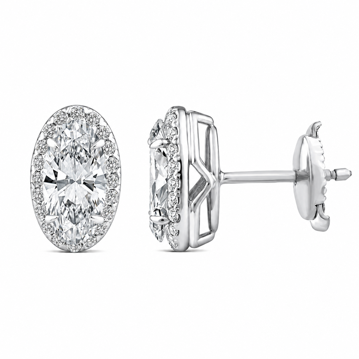 Aretes de oro blanco 14K con diamantes Lab Grown de 1.62 quilates en corte oval con halo de diamantes