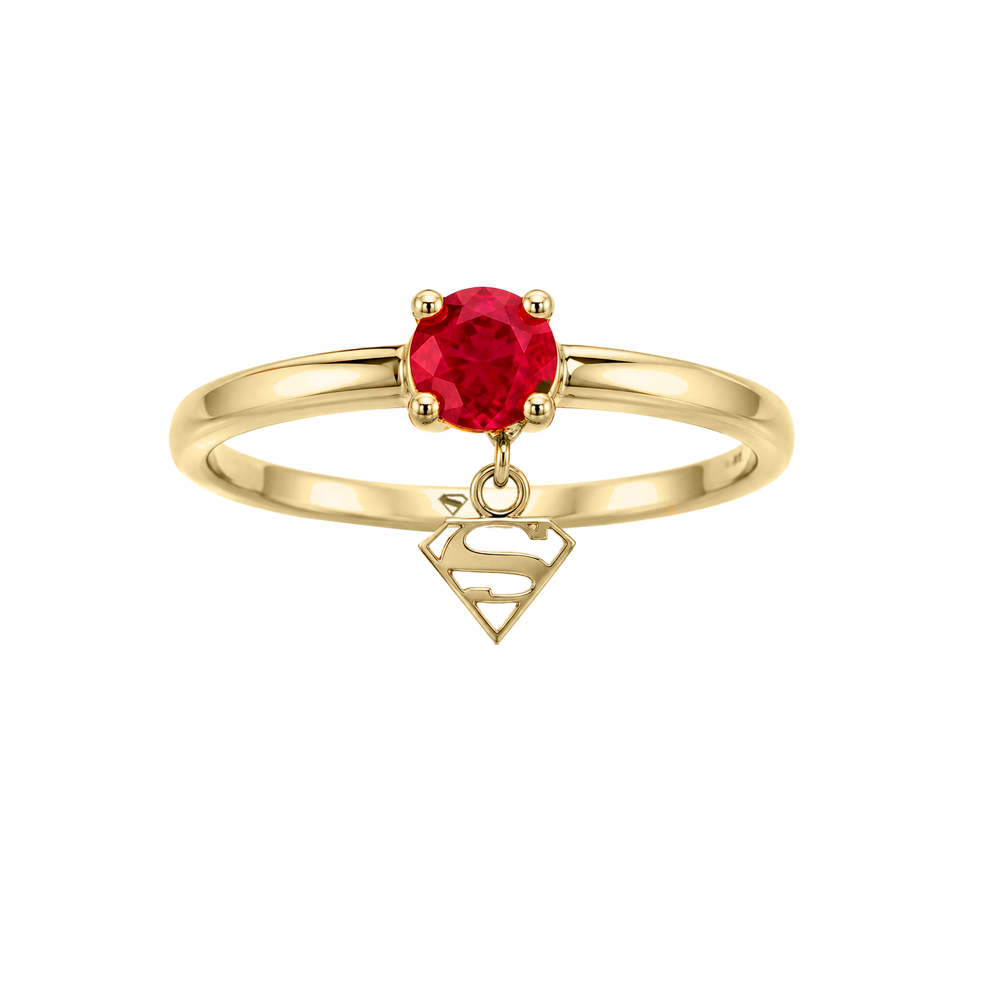 Anillo Dysis SG de oro amarillo 14K con rubí rojo de corte redondo y charm Supergirl colgante, acabado brillante.