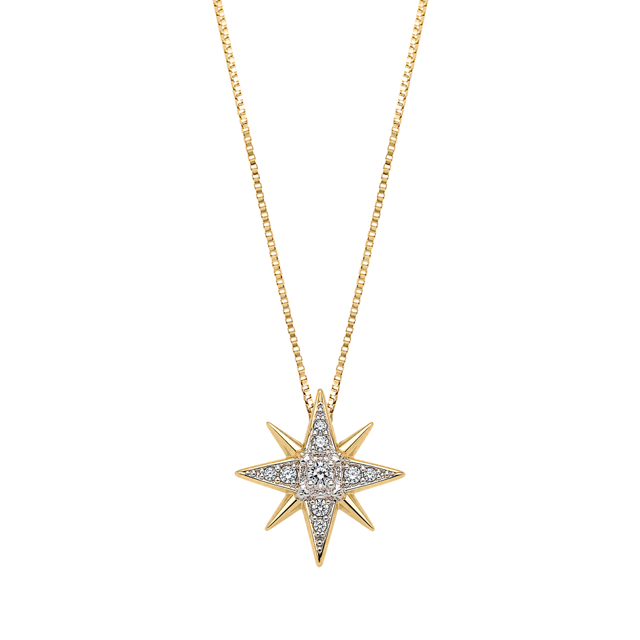 Dije con cadena Estela en oro amarillo 14K con diamantes.