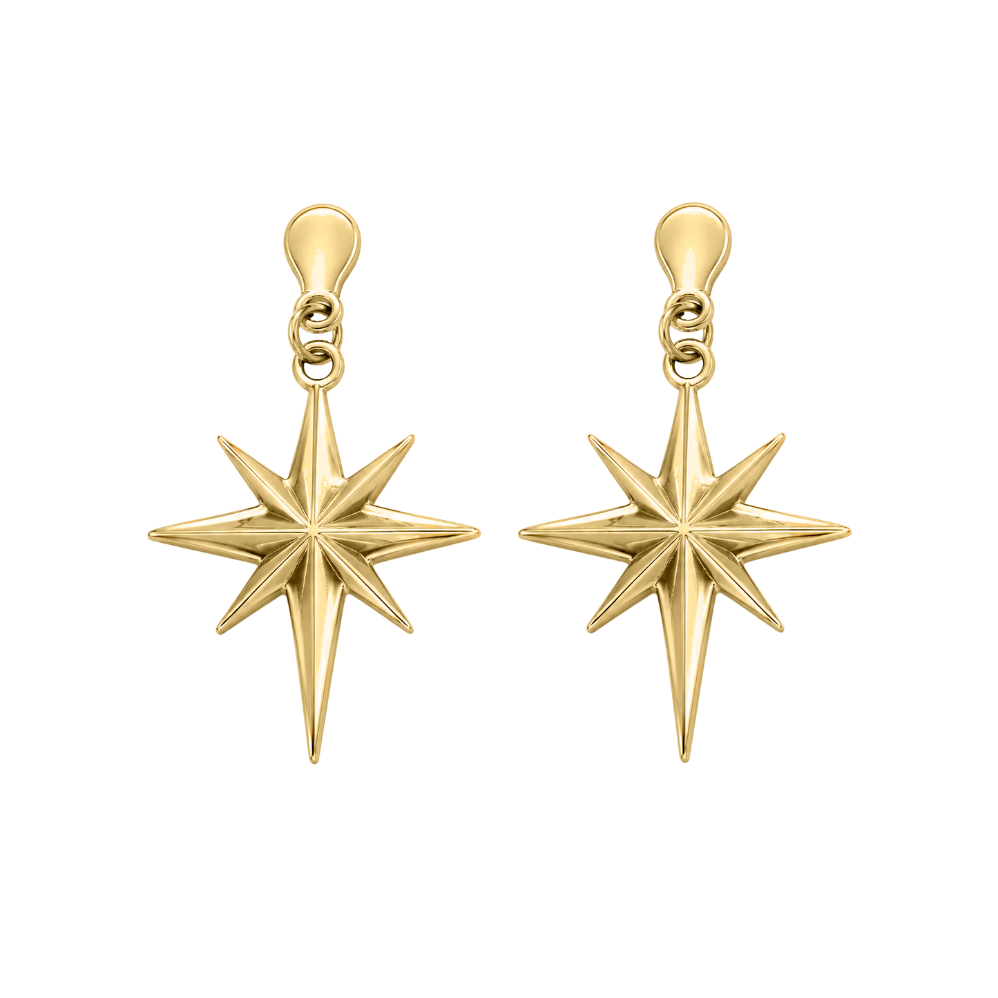 Aretes Karanova de oro amarillo 14K en forma de estrella, acabado brillante y diamantado.