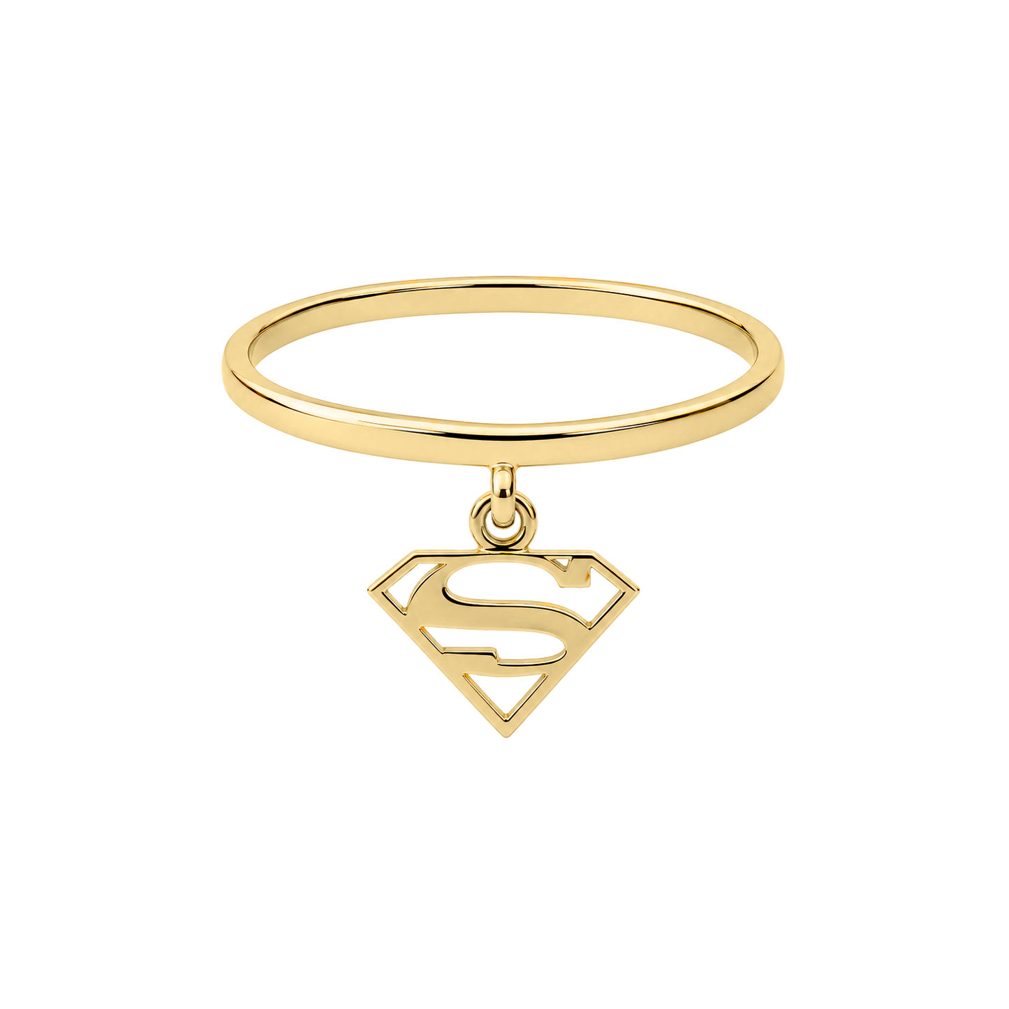 Anillo de oro amarillo 14K con charm del escudo de Supergirl y acabado brillante.