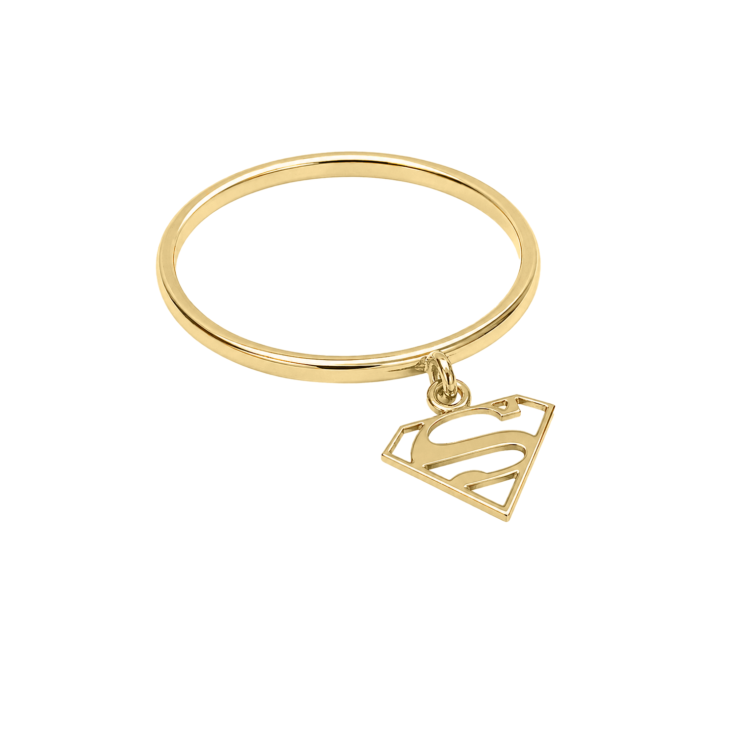Anillo de oro amarillo 14K con charm del escudo de Supergirl y acabado brillante.