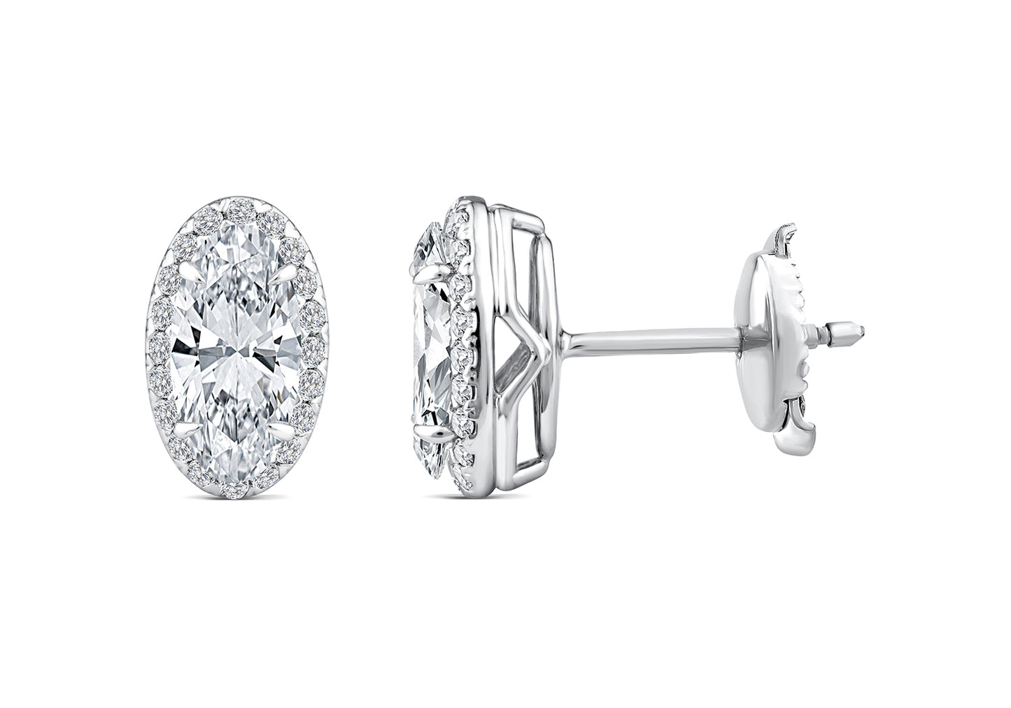 Aretes de oro blanco 14K con diamantes Lab Grown de 1.62 quilates en corte oval con halo de diamantes
