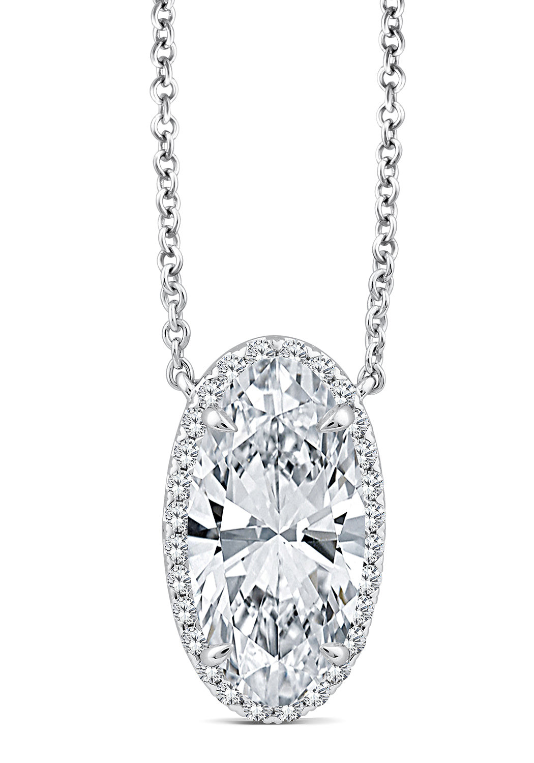 Dije con cadena de oro blanco 14K con diamante Lab Grown de 2 quilates en corte oval y halo de diamantes, total 2.16 quilates