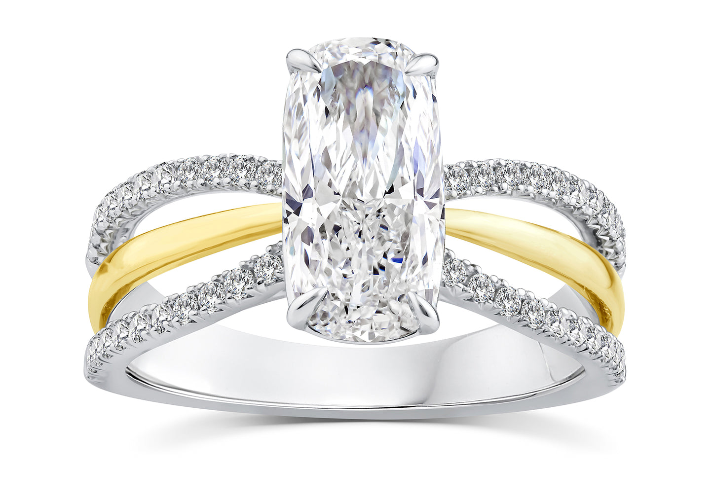 Anillo de compromiso bicolor de oro blanco y amarillo 14K con diamante Lab Grown de 2 quilates en corte cushion largo y diamantes en el brazo, total 2.32 quilates