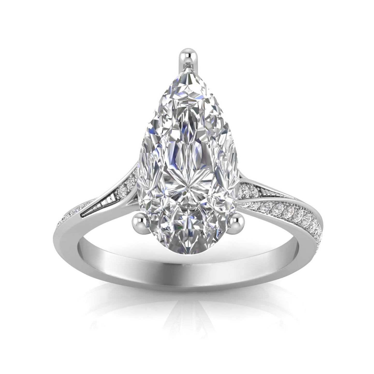 Anillo de compromiso de oro blanco 14K con diamante Lab Grown de 2.5 quilates en corte pera largo y diamantes en el brazo, total 2.75 quilates