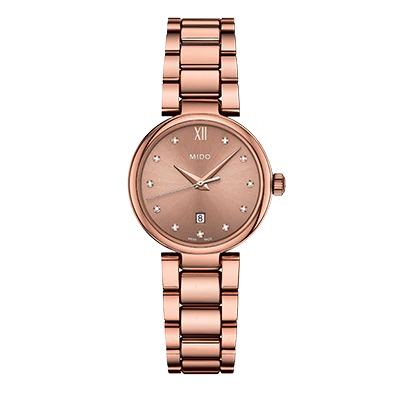 Reloj MIDO Baroncelli Donna PVD rosa 29mm con 11 diamantes carátula café