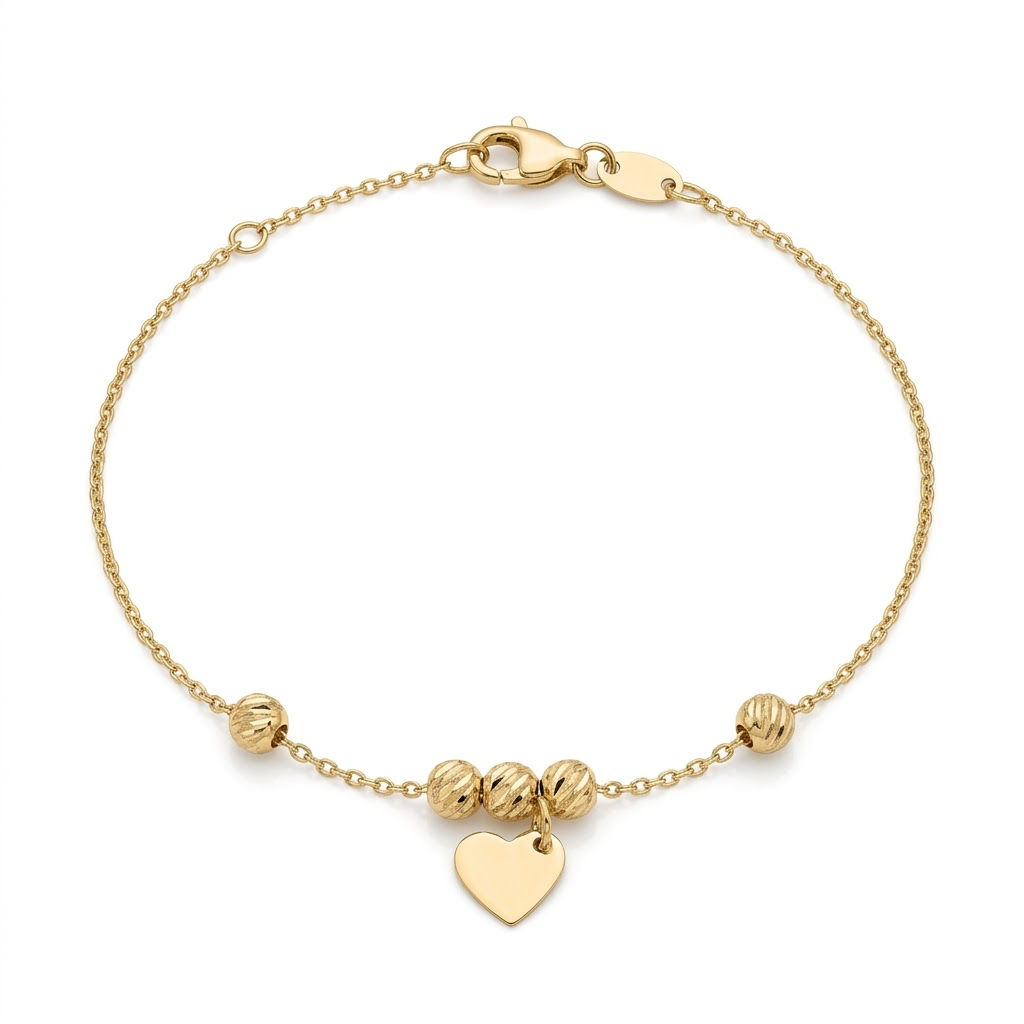 Pulsera de oro amarillo 14K con cuentas diamantadas y dije de corazón