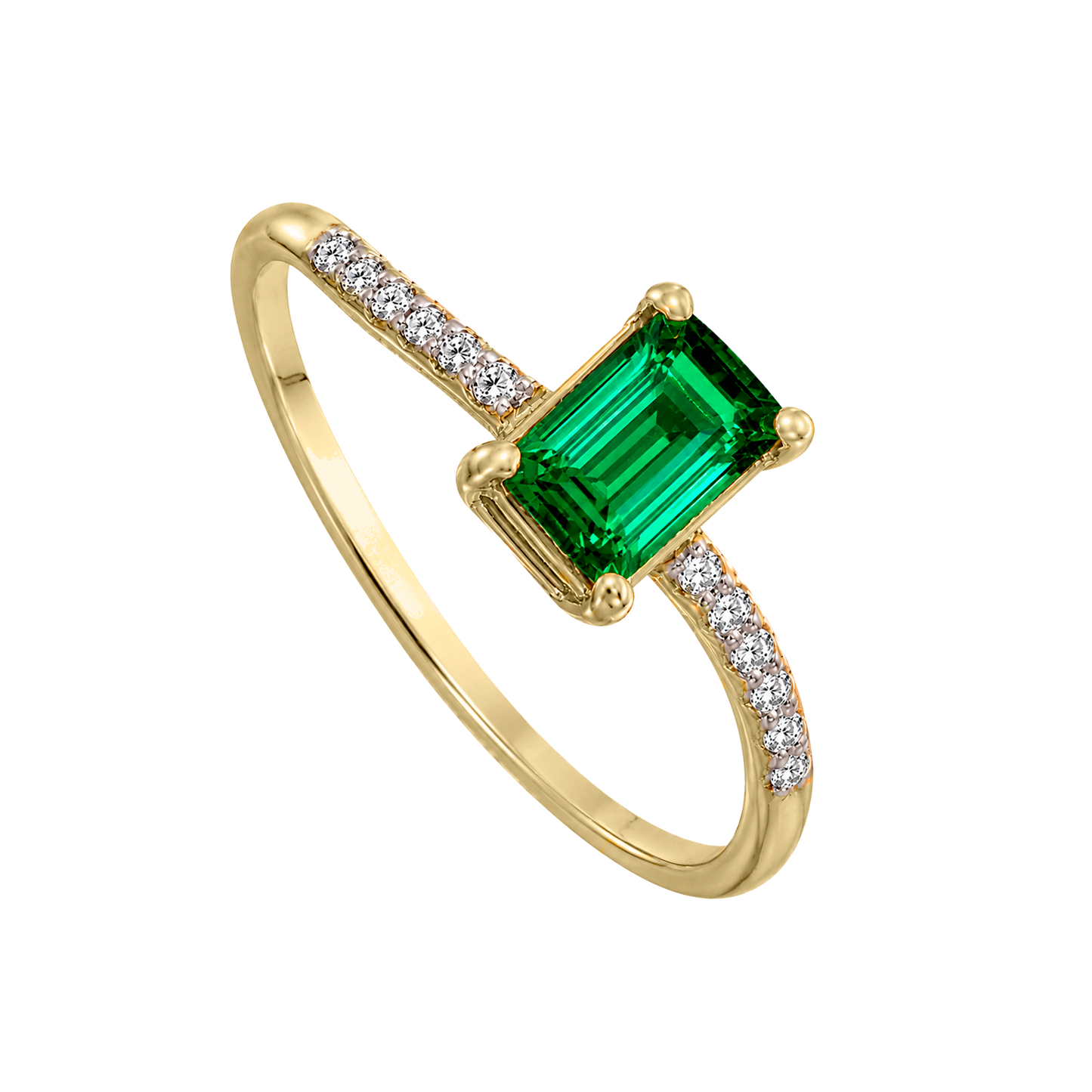 Anillo de oro amarillo 14K con esmeralda corte esmeralda y diamantes laterales.