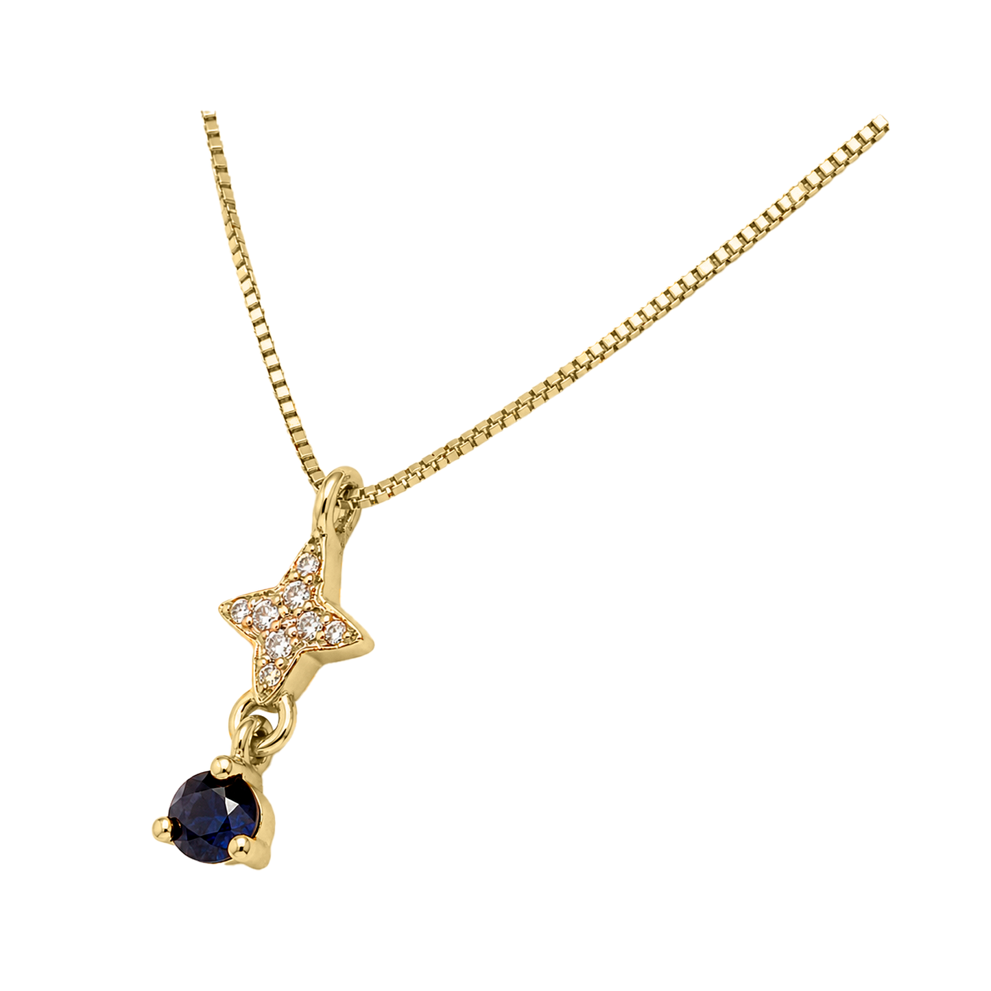 Dije con cadena Estelar oro amarillo 14K con Zafiro y Diamantes