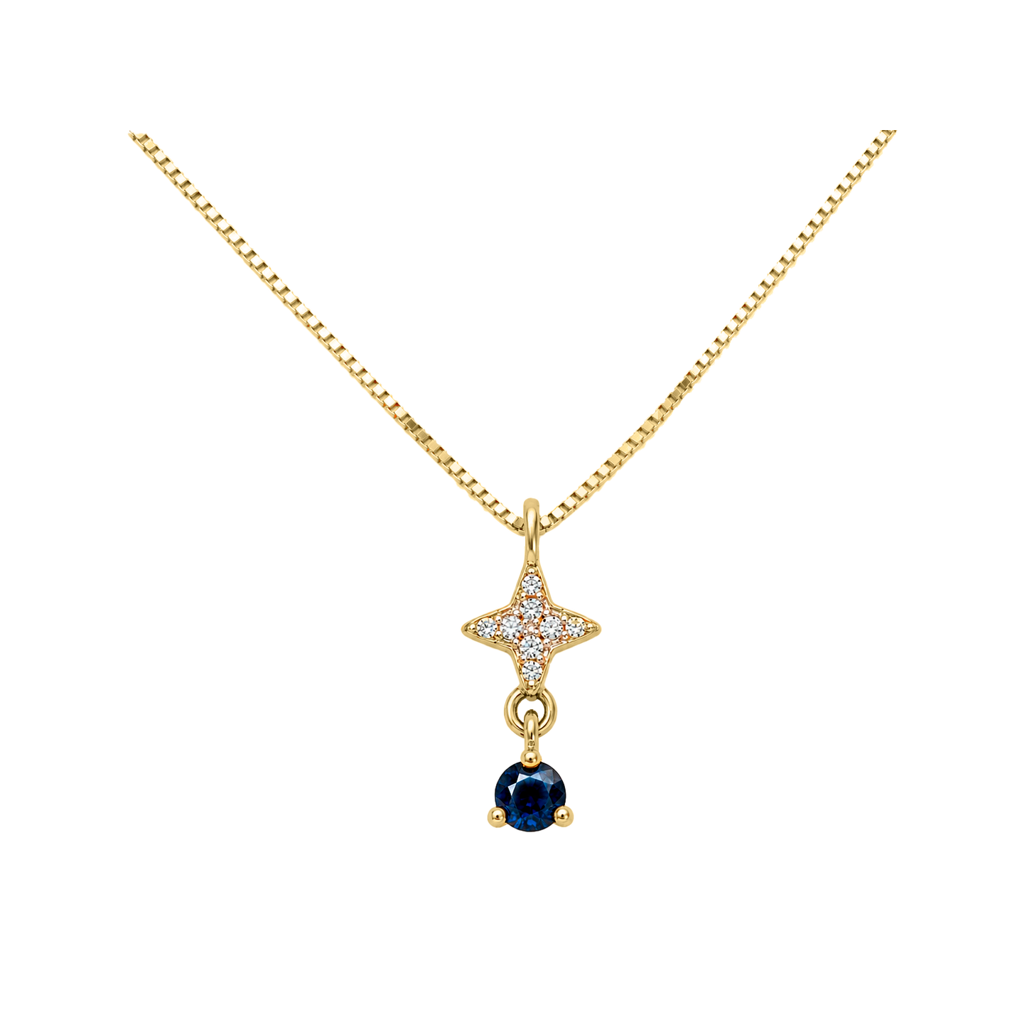 Dije estrella de oro amarillo 14K con diamantes y zafiro azul redondo acompañado de cadena.