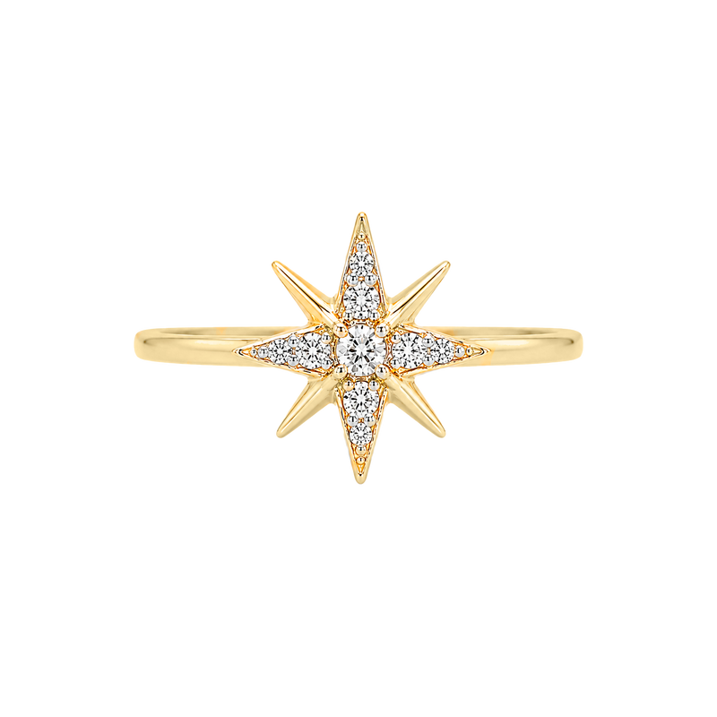 Anillo estrella de oro amarillo 14K con diamantes corte brillante y acabado brillante