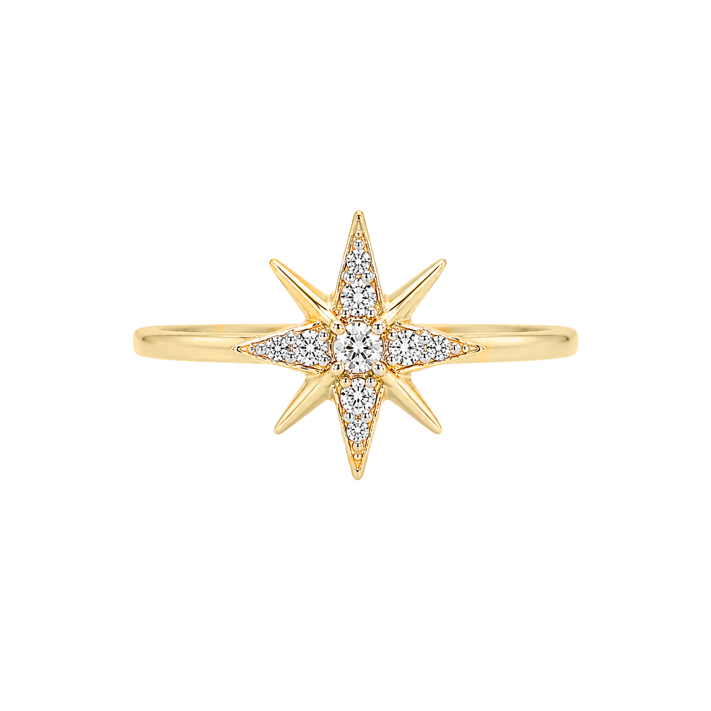 Anillo estrella de oro amarillo 14K con diamantes corte brillante y acabado brillante