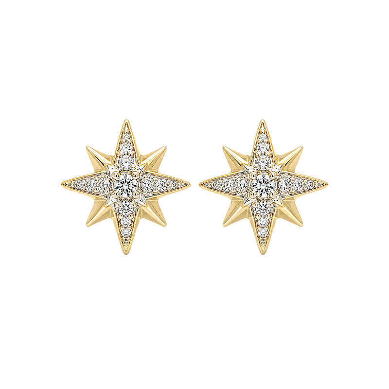 Aretes Estela de oro amarillo 14K con diamantes corte brillante en forma de estrella