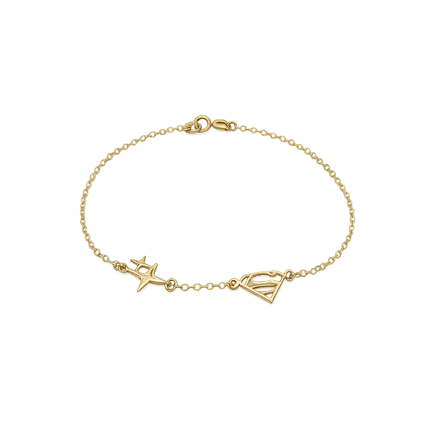 Pulsera Karaelle de oro amarillo 14K con detalles de estrella y símbolo de heroína, acabado brillante.