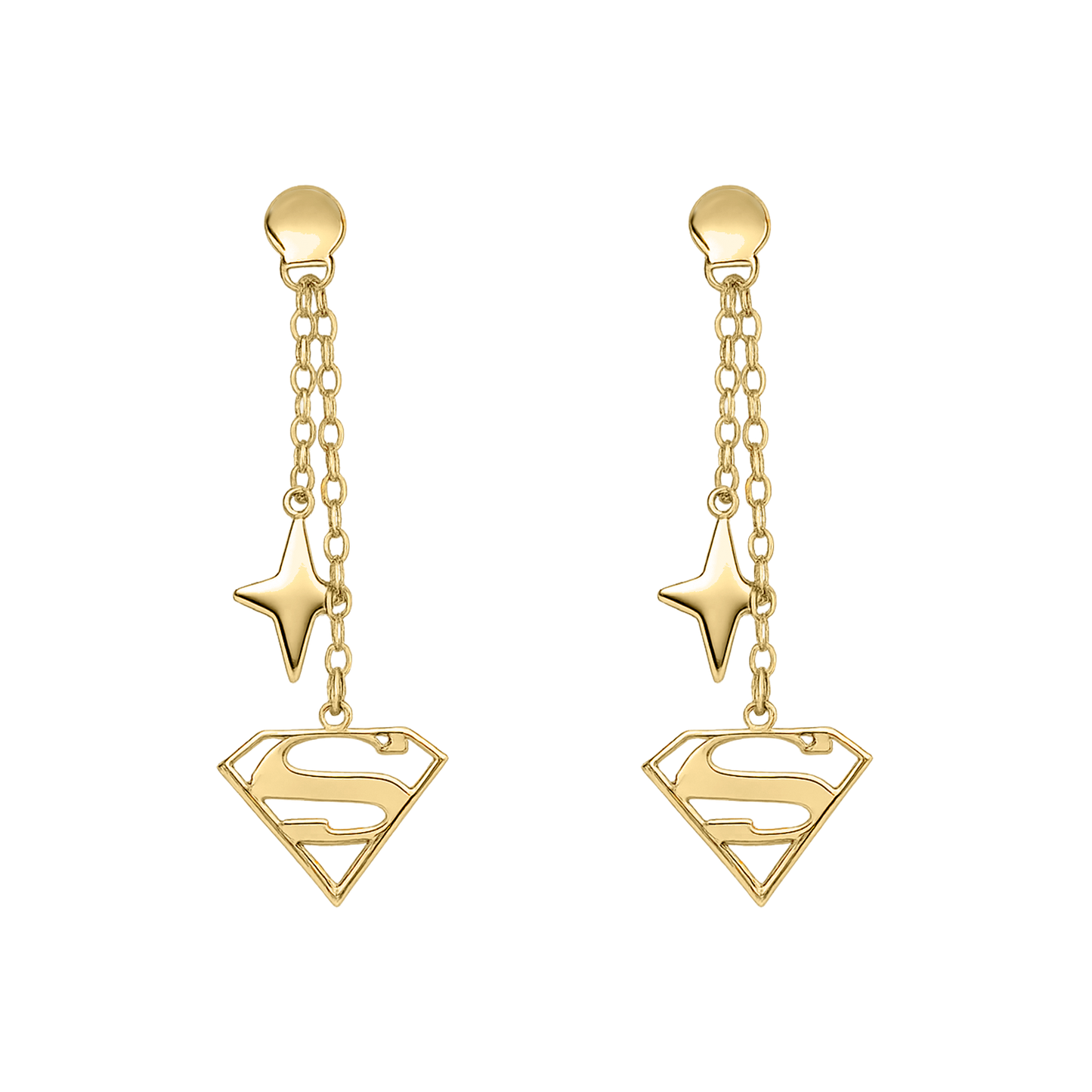 Aretes Kandora colgantes en oro amarillo 14K con diseño de estrella y símbolo inspirado en heroína, acabado brillante.