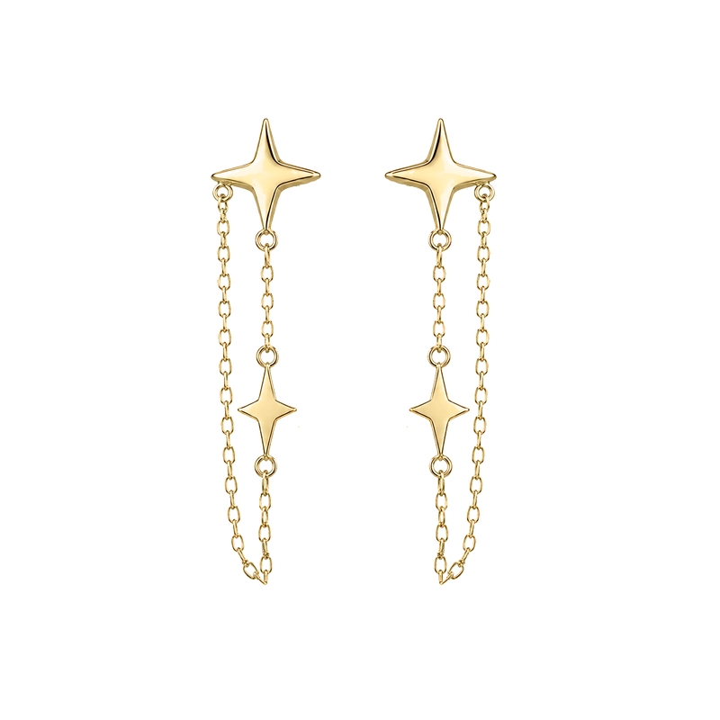 Aretes Star-Supergirl en oro amarillo 14K con diseño de estrellas y cadenas colgantes, acabado brillante y diamantado.