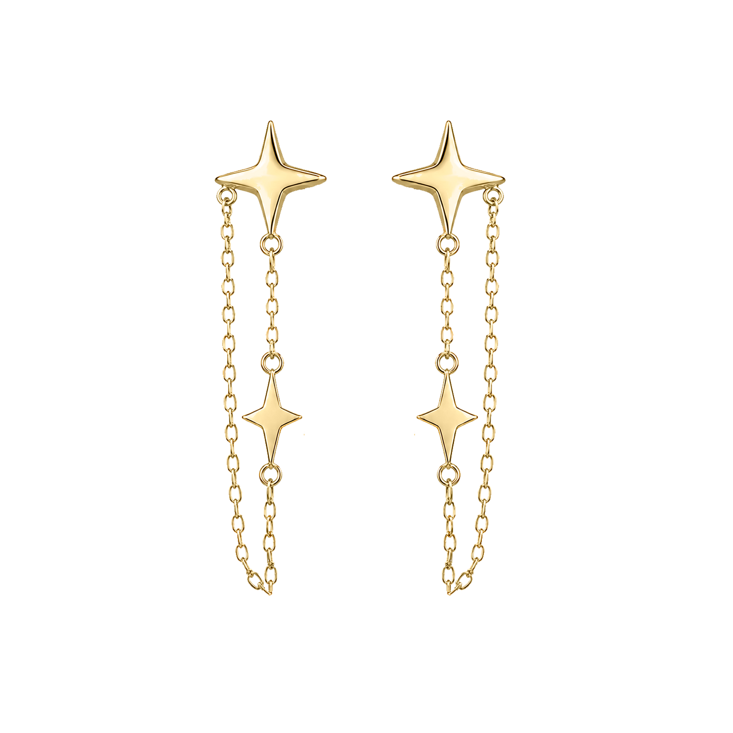 Aretes Star-Supergirl en oro amarillo 14K con diseño de estrellas y cadenas colgantes, acabado brillante y diamantado.