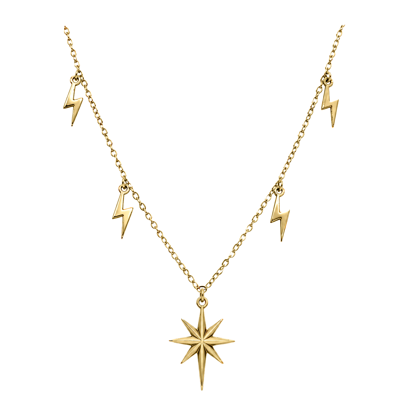 Dije con cadena Vision en oro amarillo 14K con estrella central y detalles de rayos colgantes, acabado brillante.