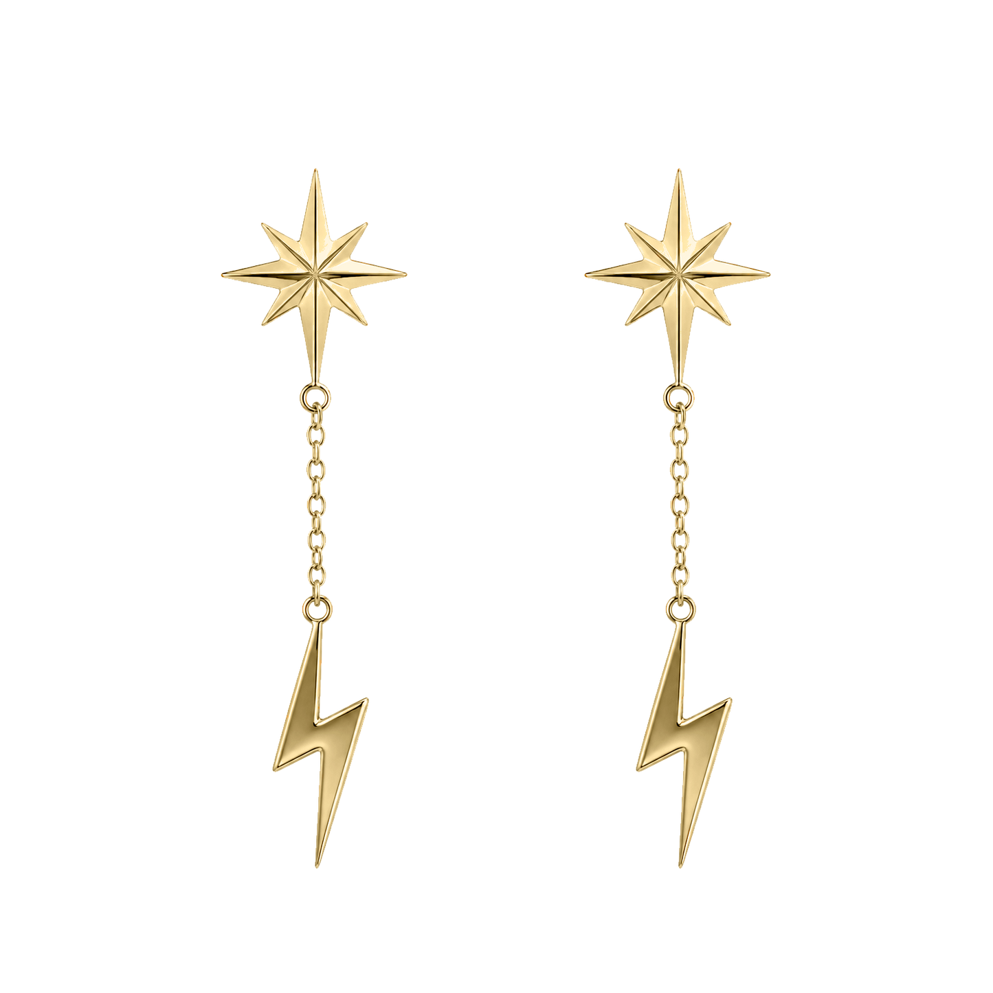 Aretes Vision en oro amarillo 14K con estrella brillante y detalle de rayo colgante, acabado brillante.