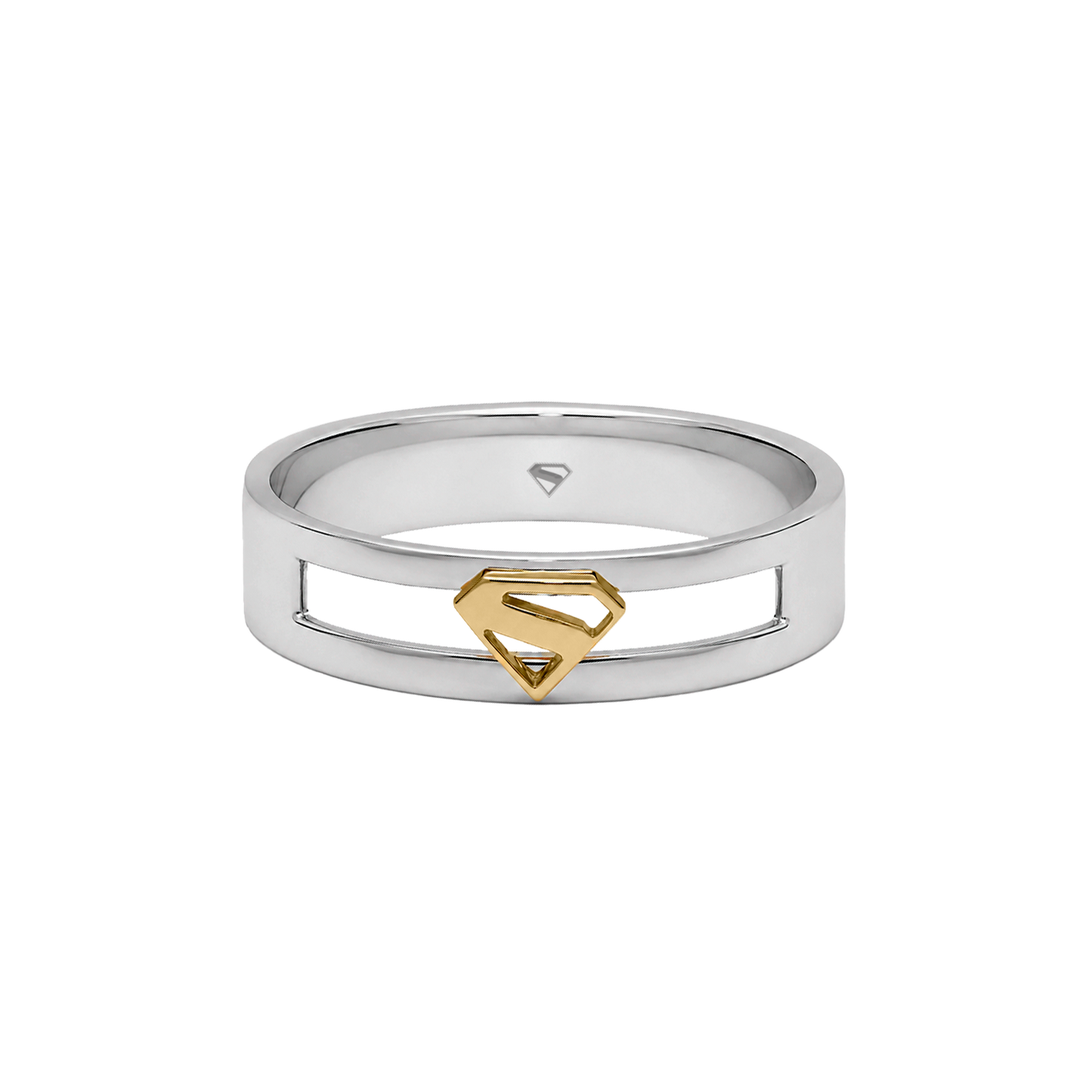 Argolla para hombre en plata .925 y oro amarillo 14K con perfil plano de 4 mm y detalle central inspirado en el universo Supergirl.