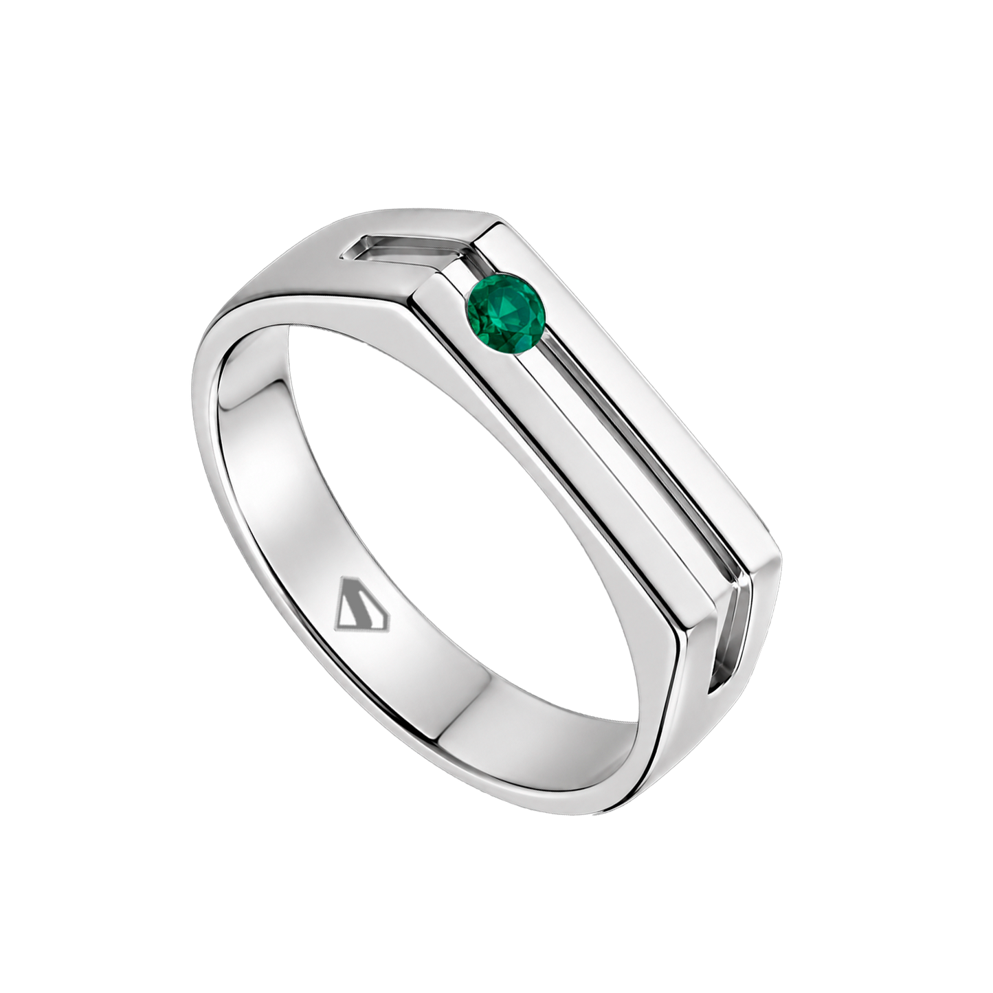 Anillo para caballero en plata .925 con esmeralda verde de 6 puntos corte redondo y acabado brillante, diseño moderno y masculino.
