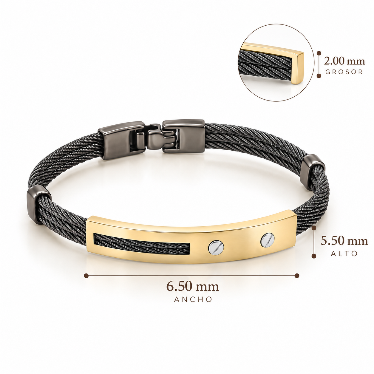 Esclava de acero color negro y oro 14k