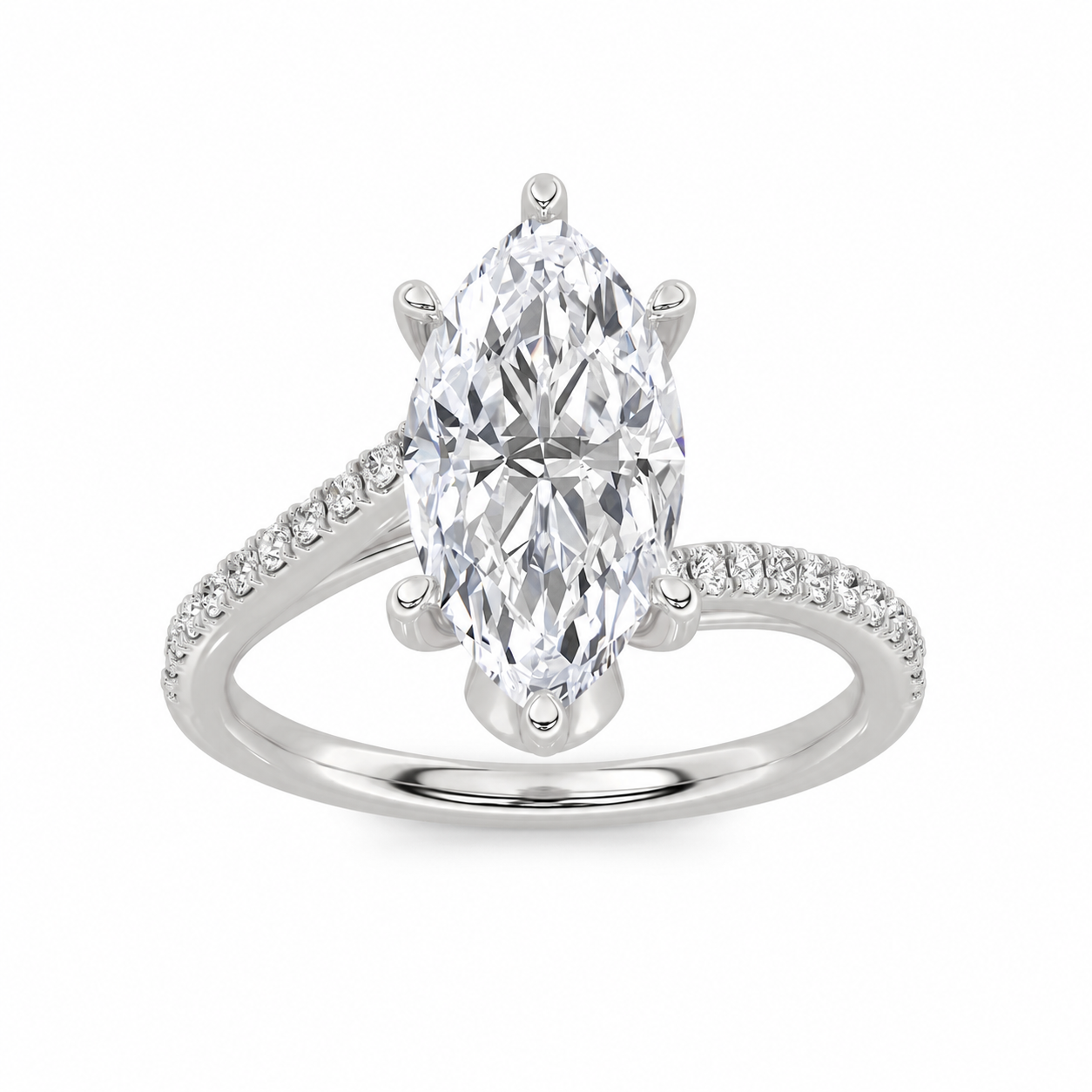 Anillo de compromiso de oro blanco 14K con diamante Lab Grown de 2 quilates en corte marquise, diamantes en el brazo y un total de 2.25 quilates