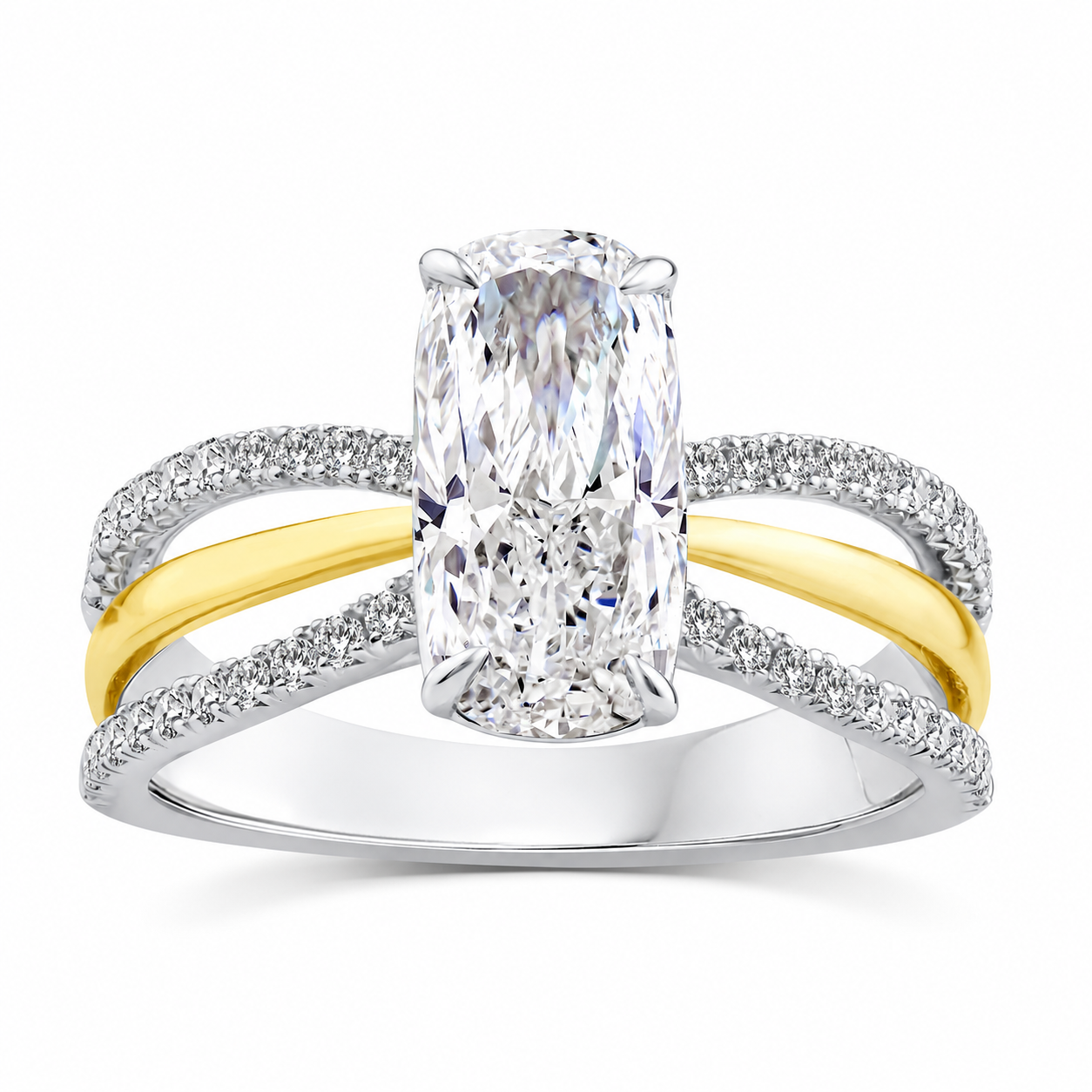 Anillo de compromiso bicolor de oro blanco y amarillo 14K con diamante Lab Grown de 2 quilates en corte cushion largo y diamantes en el brazo, total 2.32 quilates