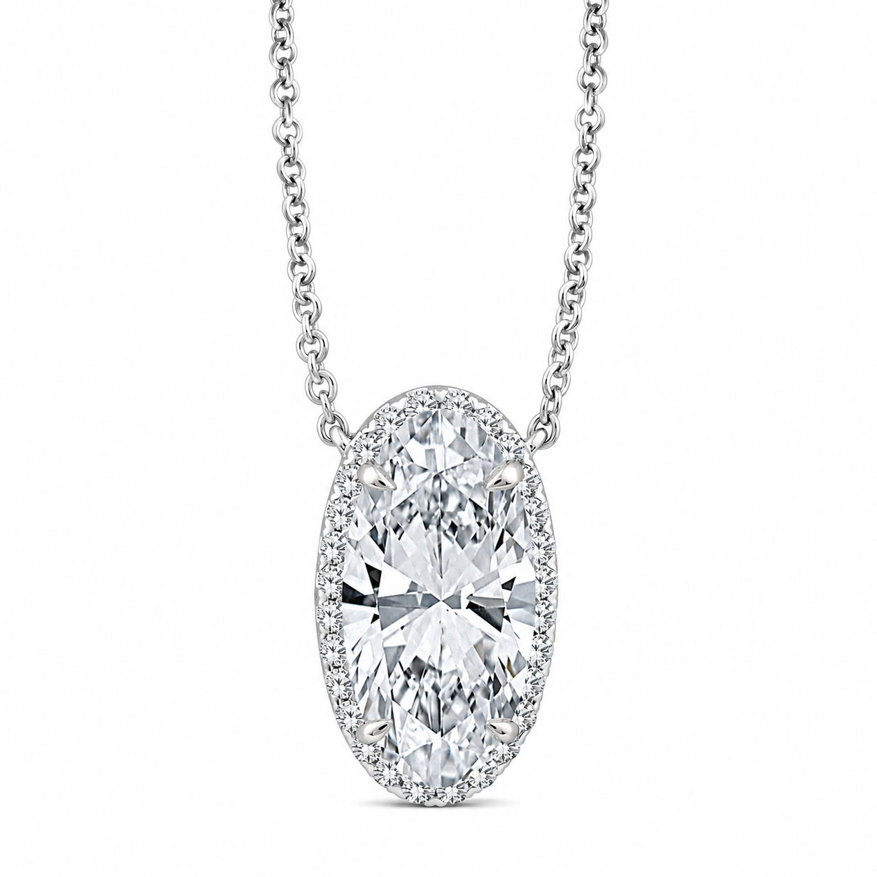 Dije con cadena de oro blanco 14K con diamante Lab Grown de 2 quilates en corte oval y halo de diamantes, total 2.16 quilates