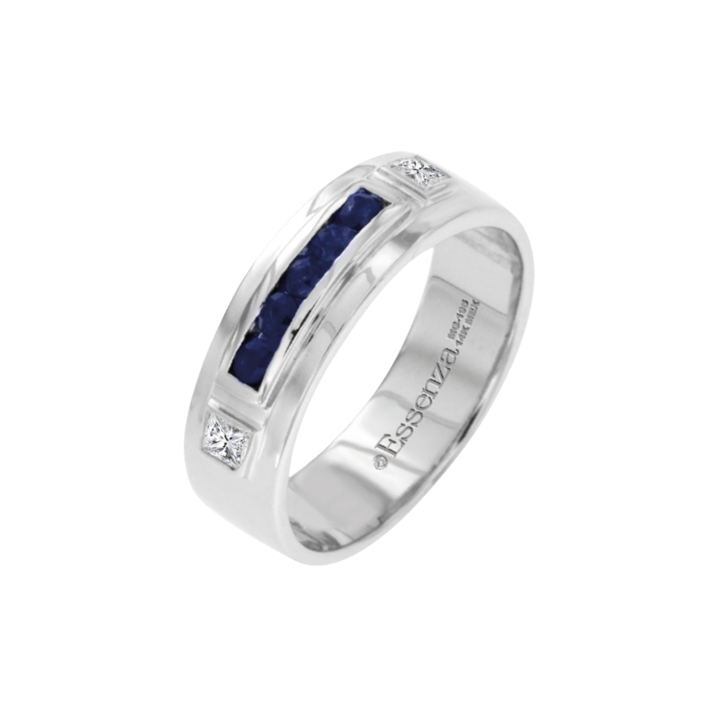 argolla de oro blanco 18k de 5 mm con canal de zafiros azules y diamantes corte princess