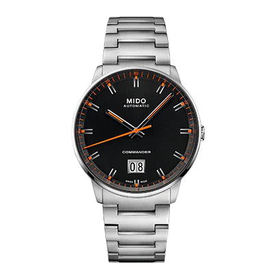 Reloj MIDO Commander Big Date automático 42mm acero inoxidable carátula negra con índices naranja