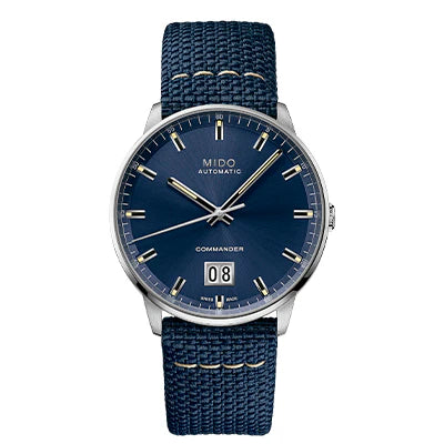 Reloj MIDO Commander Big Date azul automático 42mm acero inoxidable con correa textil azul y gran fechador