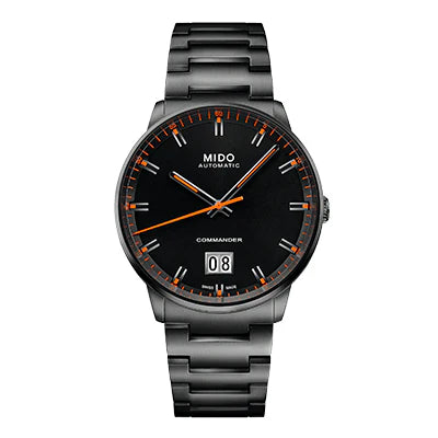 Reloj MIDO Commander Big Date PVD antracita automático 42mm carátula negra con índices naranja