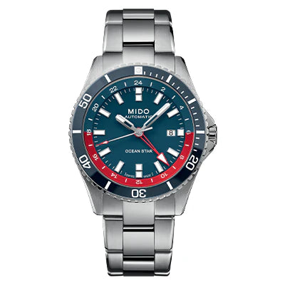 Reloj MIDO Ocean Star GMT automático 44mm acero inoxidable con carátula azul y bisel azul rojo