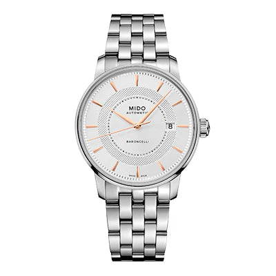 Reloj MIDO Baroncelli Signature automático 39mm acero inoxidable carátula plateada Clou de Paris